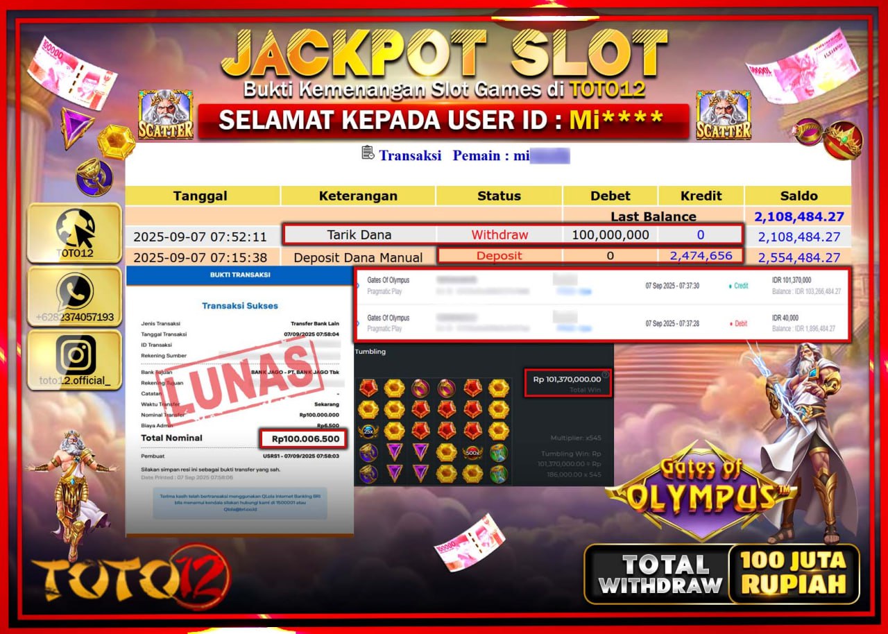 HANYA DI TOTO12 JP PASTI DI BAYAR LUNAS DAN CEPAT!!!!!! JACKPOT SLOT GAME (GATES OF OLYMPUS) Rp.100.000.000 !!!!