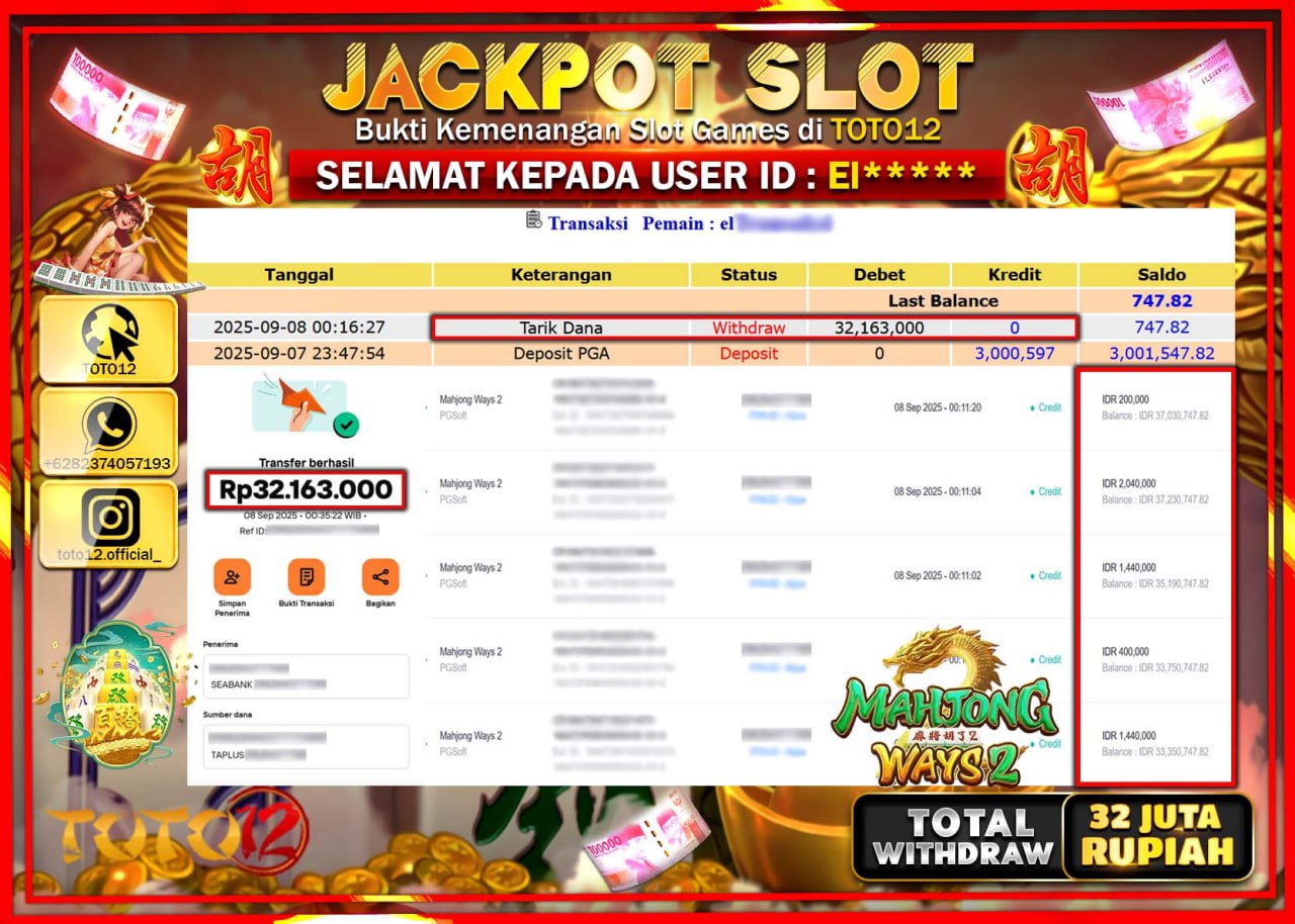 HANYA DI TOTO12 JP PASTI DI BAYAR LUNAS DAN CEPAT!!!!!! JACKPOT SLOT GAME (MAHJONG WAYS 2) Rp.32.163.000 !!!!