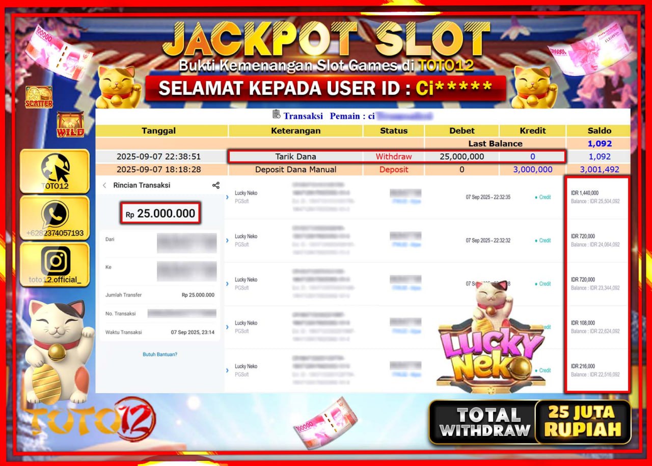 HANYA DI TOTO12 JP PASTI DI BAYAR LUNAS DAN CEPAT!!!!!! JACKPOT SLOT GAME (LUCKY NEKO) Rp.25.000.000 !!!!