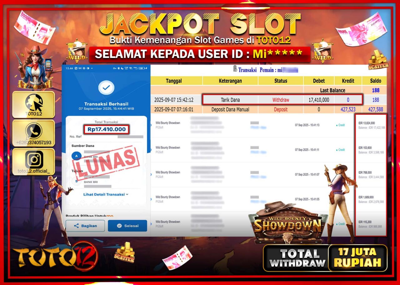 HANYA DI TOTO12 JP PASTI DI BAYAR LUNAS DAN CEPAT!!!!!! JACKPOT SLOT GAME (WILD BOUNTY SHOWDOWN) Rp.17.410.000 !!!!