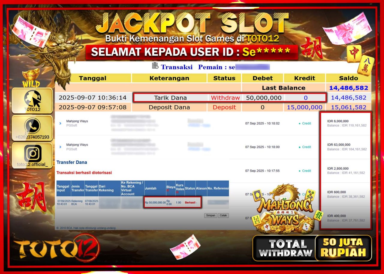 HANYA DI TOTO12 JP PASTI DI BAYAR LUNAS DAN CEPAT!!!!!! JACKPOT SLOT GAME (MAHJONG WAYS) Rp.50.000.000 !!!!
