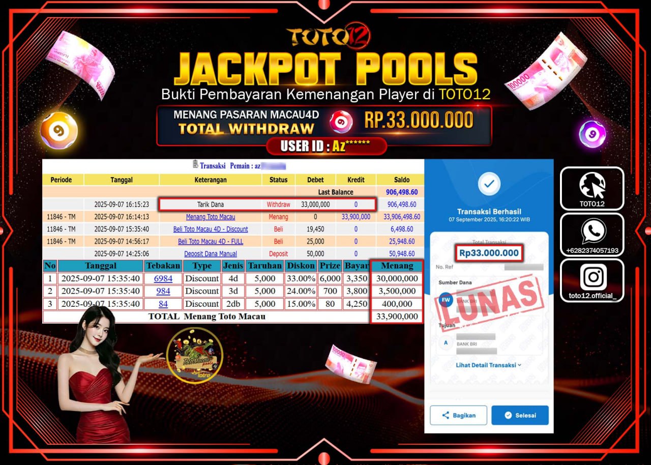 HANYA DI TOTO12 JP PASTI DI BAYAR LUNAS DAN CEPAT!!!!!! JACKPOT POOLS PASARAN (MACAU 4D) Rp.33.000.000 !!!!