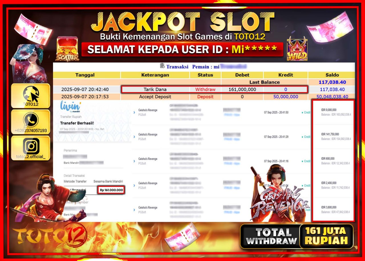 HANYA DI TOTO12 JP PASTI DI BAYAR LUNAS DAN CEPAT!!!!!! JACKPOT SLOT GAME (GEISHA S REVENGE) Rp.161.000.000 !!!!