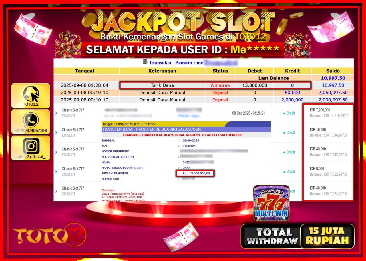 HANYA DI TOTO12 JP PASTI DI BAYAR LUNAS DAN CEPAT!!!!!! JACKPOT SLOT GAME (CLASSIC SLOT 777) Rp.15000.000 !!!!