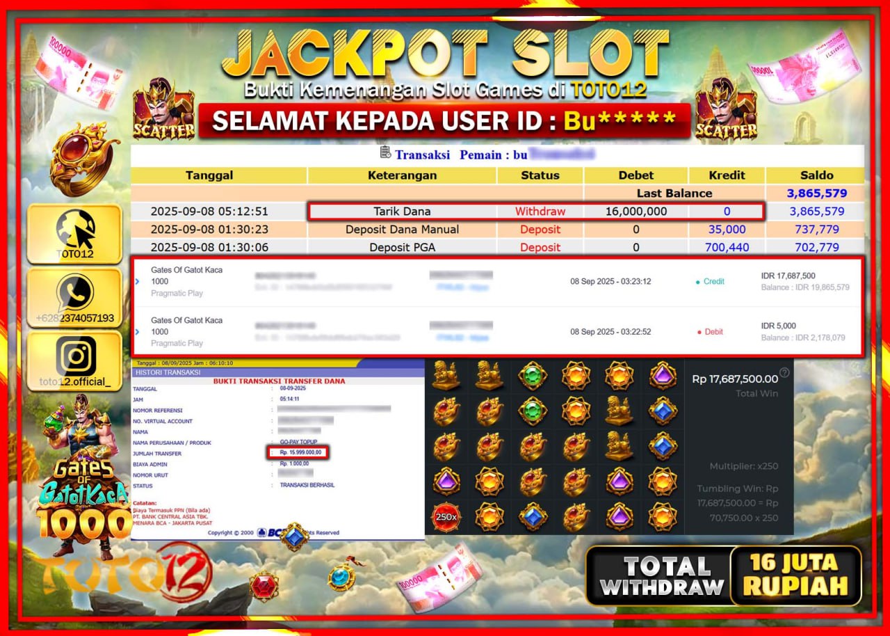 HANYA DI TOTO12 JP PASTI DI BAYAR LUNAS DAN CEPAT!!!!!! JACKPOT SLOT GAME (GATES OF GATOT KACA 1000) Rp.16.000.000 !!!!