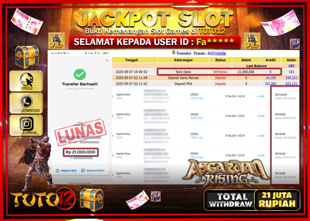 HANYA DI TOTO12 JP PASTI DI BAYAR LUNAS DAN CEPAT!!!!!! JACKPOT SLOT GAME (ASGARDIAN RISING) Rp.21.000.000 !!!!