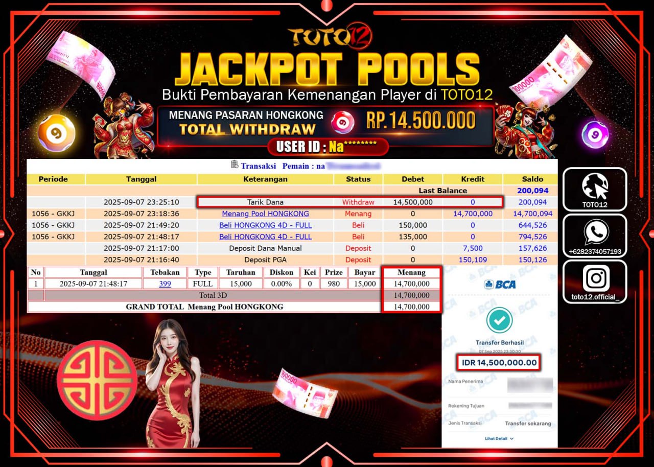 HANYA DI TOTO12 JP PASTI DI BAYAR LUNAS DAN CEPAT!!!!!! JACKPOT POOLS PASARAN (HONGKONG) Rp.14.500.000 !!!!