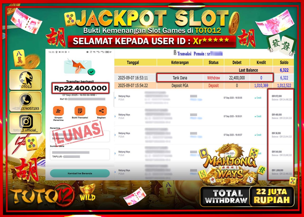 HANYA DI TOTO12 JP PASTI DI BAYAR LUNAS DAN CEPAT!!!!!! JACKPOT SLOT GAME (MAHJONG WAYS) Rp.22.400.000 !!!!