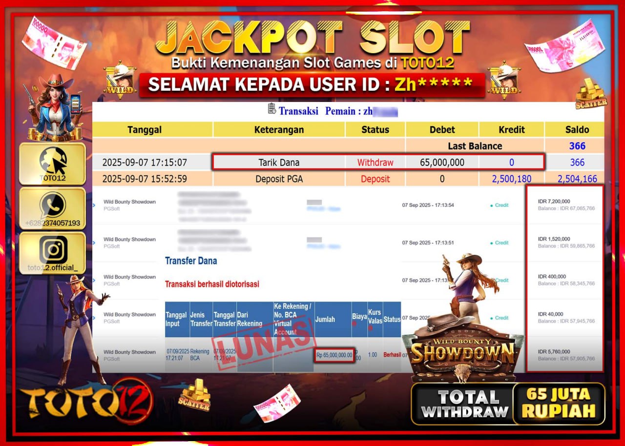HANYA DI TOTO12 JP PASTI DI BAYAR LUNAS DAN CEPAT!!!!!! JACKPOT SLOT GAME (WILD BOUNTY SHOWDOWN) Rp.65.000.000 !!!!