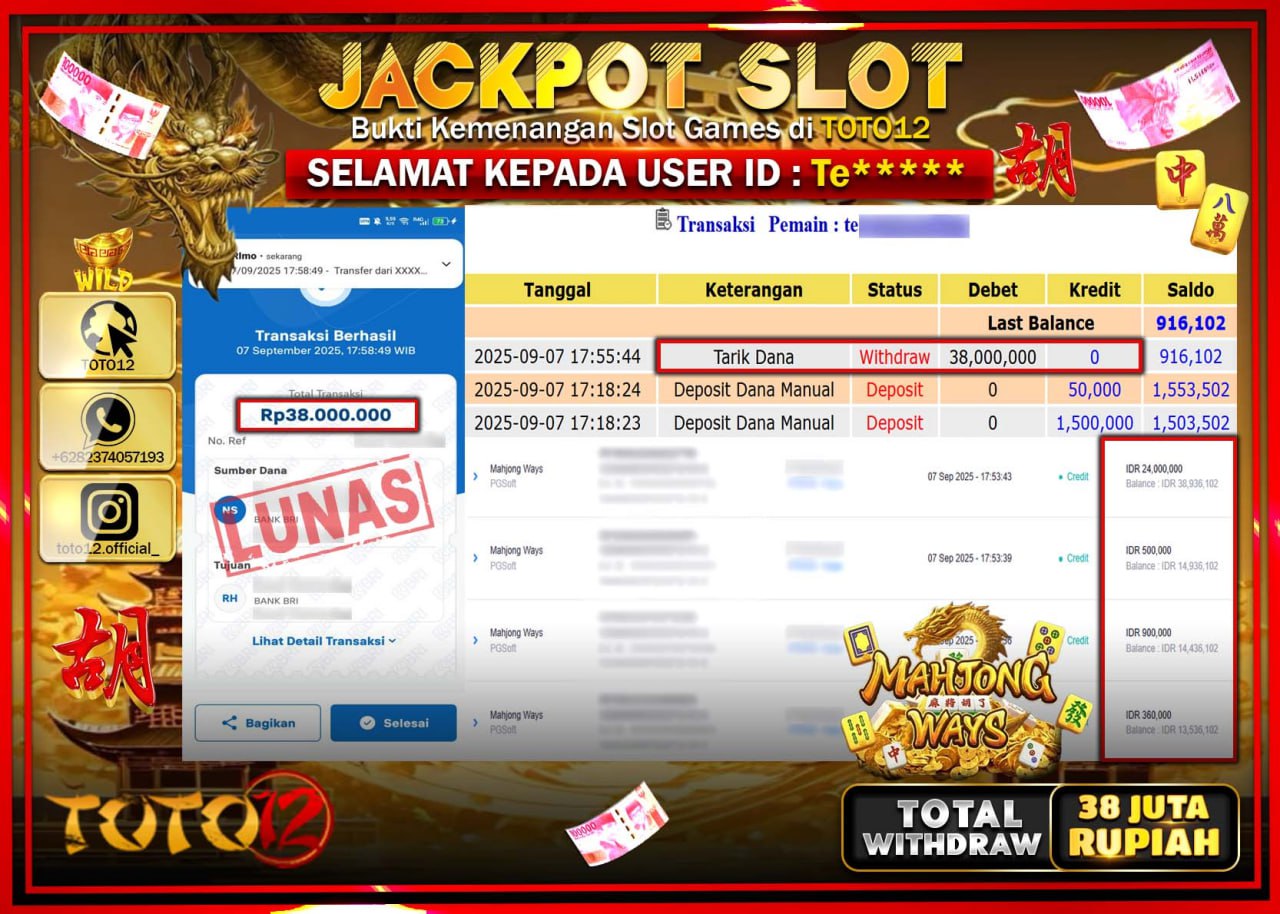 HANYA DI TOTO12 JP PASTI DI BAYAR LUNAS DAN CEPAT!!!!!! JACKPOT SLOT GAME (MAHJONG WAYS) Rp.38.000.000 !!!!