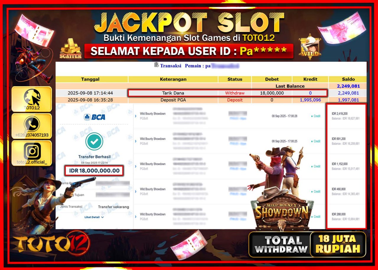 HANYA DI TOTO12 JP PASTI DI BAYAR LUNAS DAN CEPAT!!!!!! JACKPOT SLOT GAME (WILD BOUNTY SHOWDOWN) Rp.18.000.000 !!!!