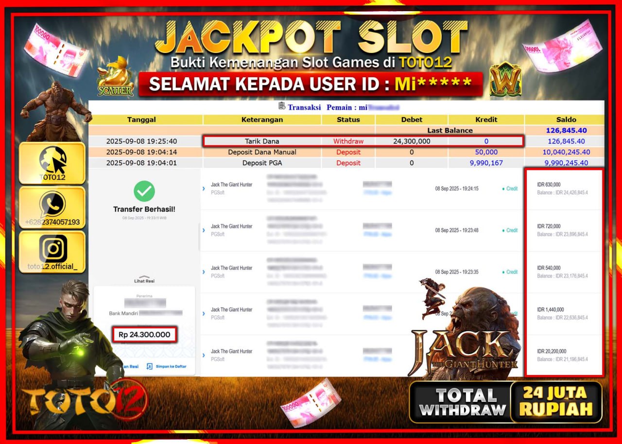 HANYA DI TOTO12 JP PASTI DI BAYAR LUNAS DAN CEPAT!!!!!! JACKPOT SLOT GAME (JACK THE GIANT HUNTER) Rp.24.300.000 !!!!
