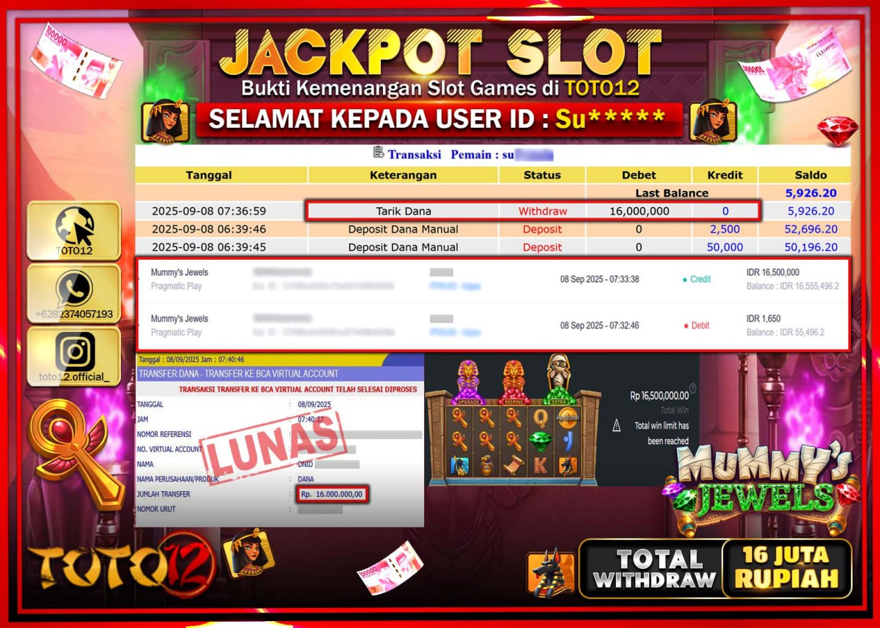HANYA DI TOTO12 JP PASTI DI BAYAR LUNAS DAN CEPAT!!!!!! JACKPOT SLOT GAME (MUMY S JEWELS) Rp.16.000.000 !!!!