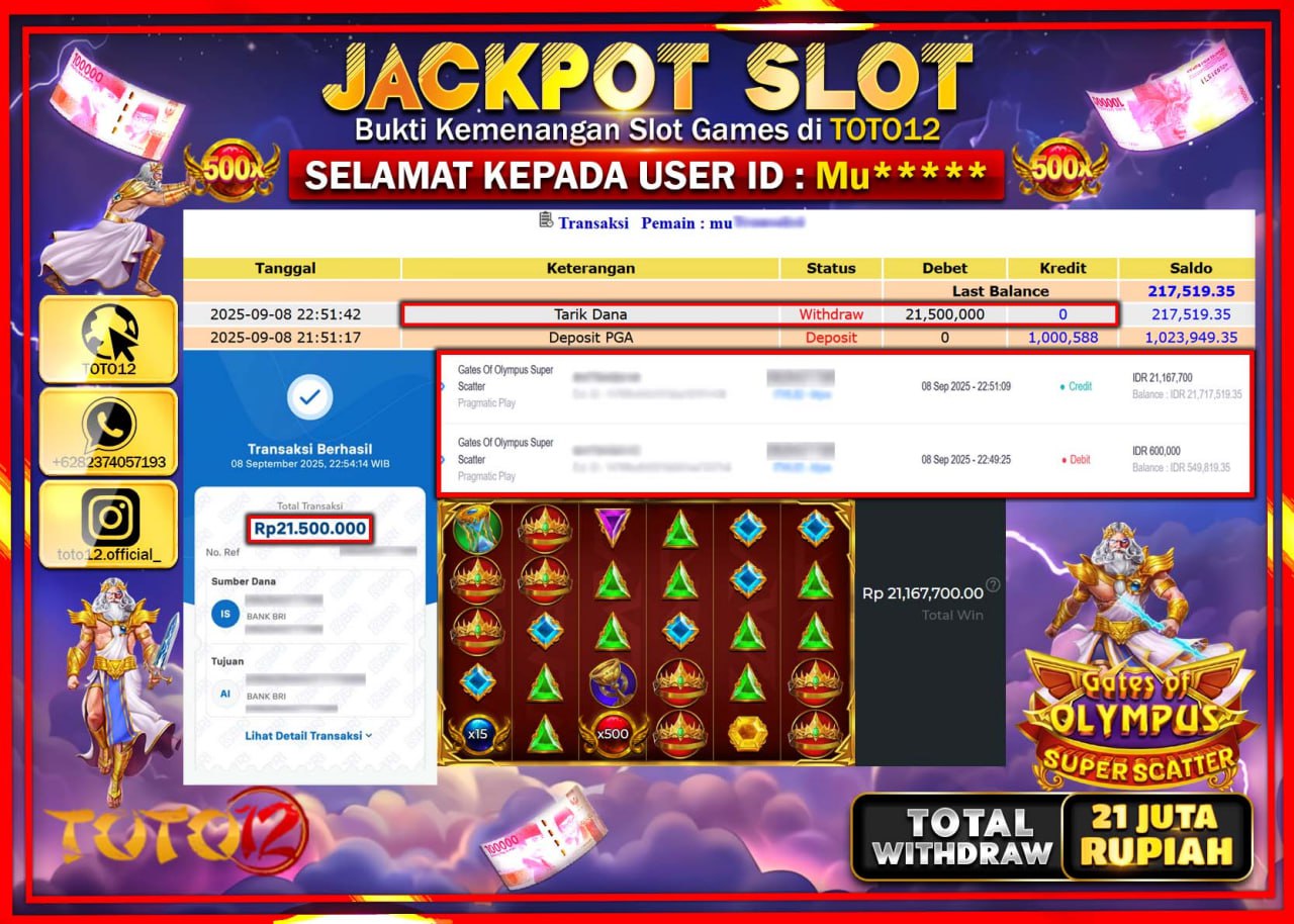 HANYA DI TOTO12 JP PASTI DI BAYAR LUNAS DAN CEPAT!!!!!! JACKPOT SLOT GAME (GATES OF OLYMPUS SUPER SCATTER) Rp.21.500.000 !!!!