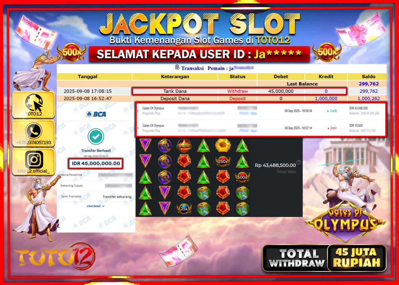 HANYA DI TOTO12 JP PASTI DI BAYAR LUNAS DAN CEPAT!!!!!! JACKPOT SLOT GAME (GATES OF OLYMPUS) Rp.45.000.000 !!!!
