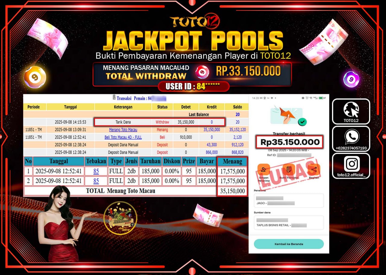 HANYA DI TOTO12 JP PASTI DI BAYAR LUNAS DAN CEPAT!!!!!! JACKPOT POOLS PASARAN (MACAU 4D) Rp.33.150.000 !!!!