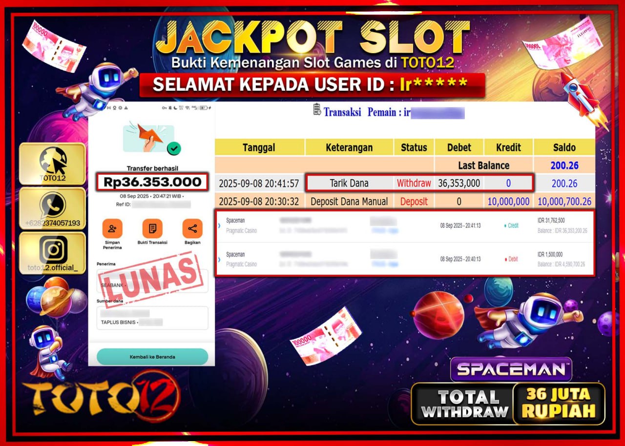 HANYA DI TOTO12 JP PASTI DI BAYAR LUNAS DAN CEPAT!!!!!! JACKPOT SLOT GAME (SPACEMAN) Rp.36.353.000 !!!!