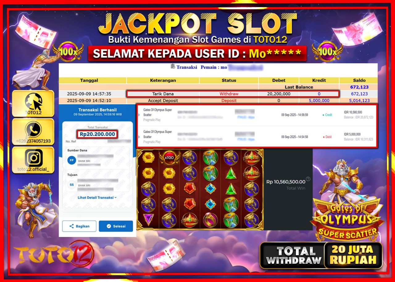 HANYA DI TOTO12 JP PASTI DI BAYAR LUNAS DAN CEPAT!!!!!! JACKPOT SLOT GAME (GATES OF OLYMPUS SUPER SCATTER) Rp.20.200.000 !!!!