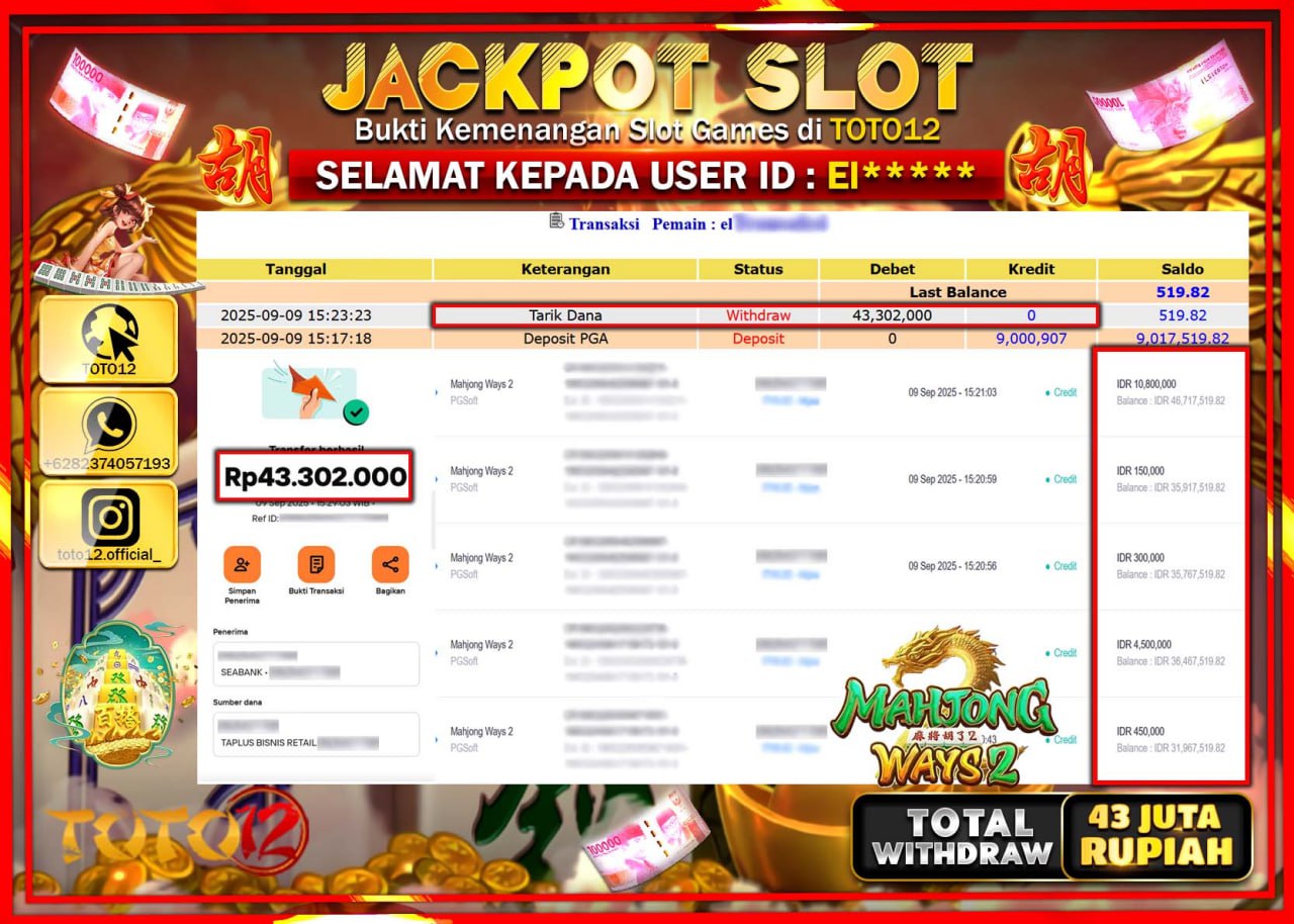 HANYA DI TOTO12 JP PASTI DI BAYAR LUNAS DAN CEPAT!!!!!! JACKPOT SLOT GAME (MAHJONG WAYS 2) Rp.43.302.000 !!!!