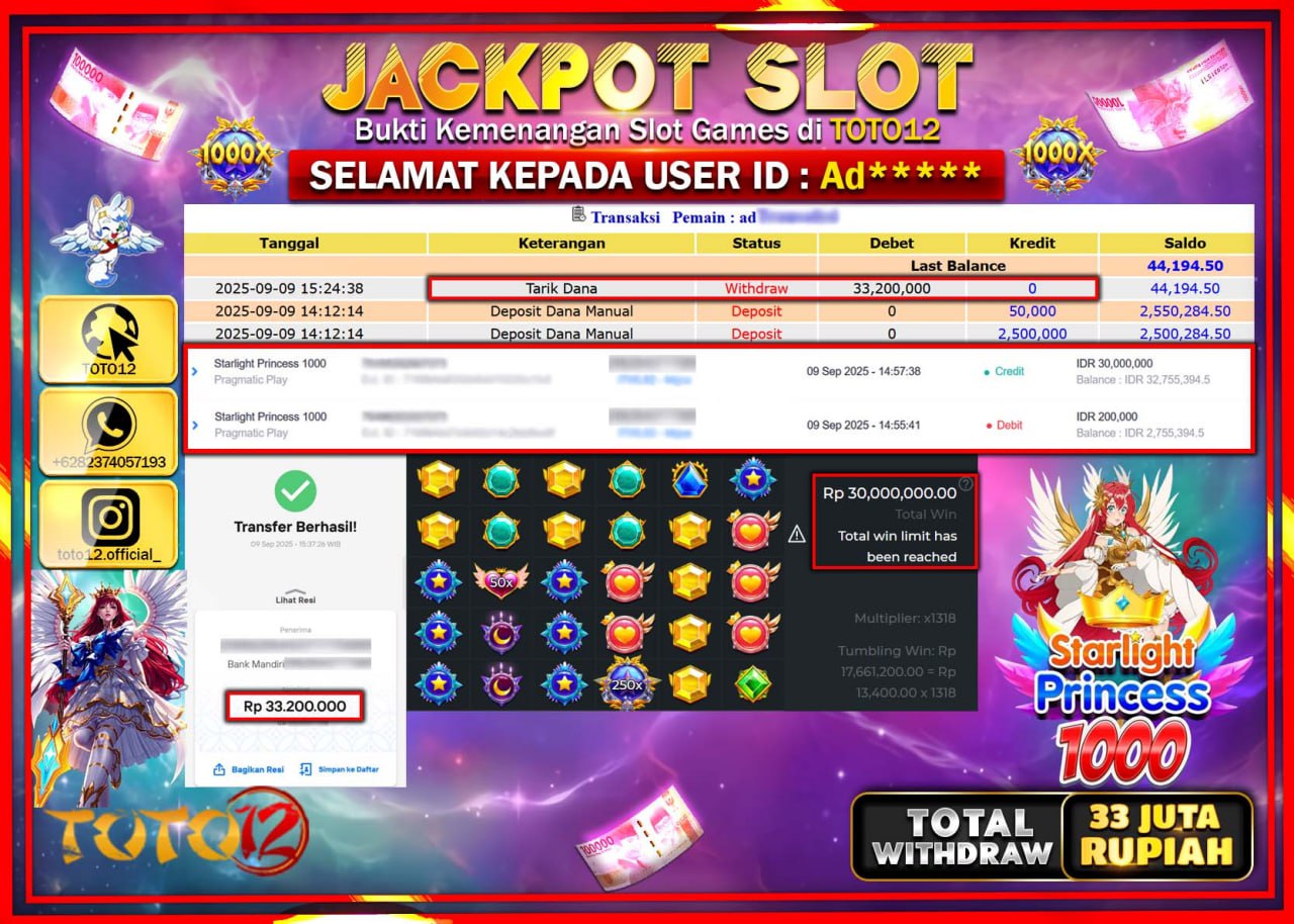 HANYA DI TOTO12 JP PASTI DI BAYAR LUNAS DAN CEPAT!!!!!! JACKPOT SLOT GAME (STARLIGHT PRINCESS 1000) Rp.33.200.000 !!!!