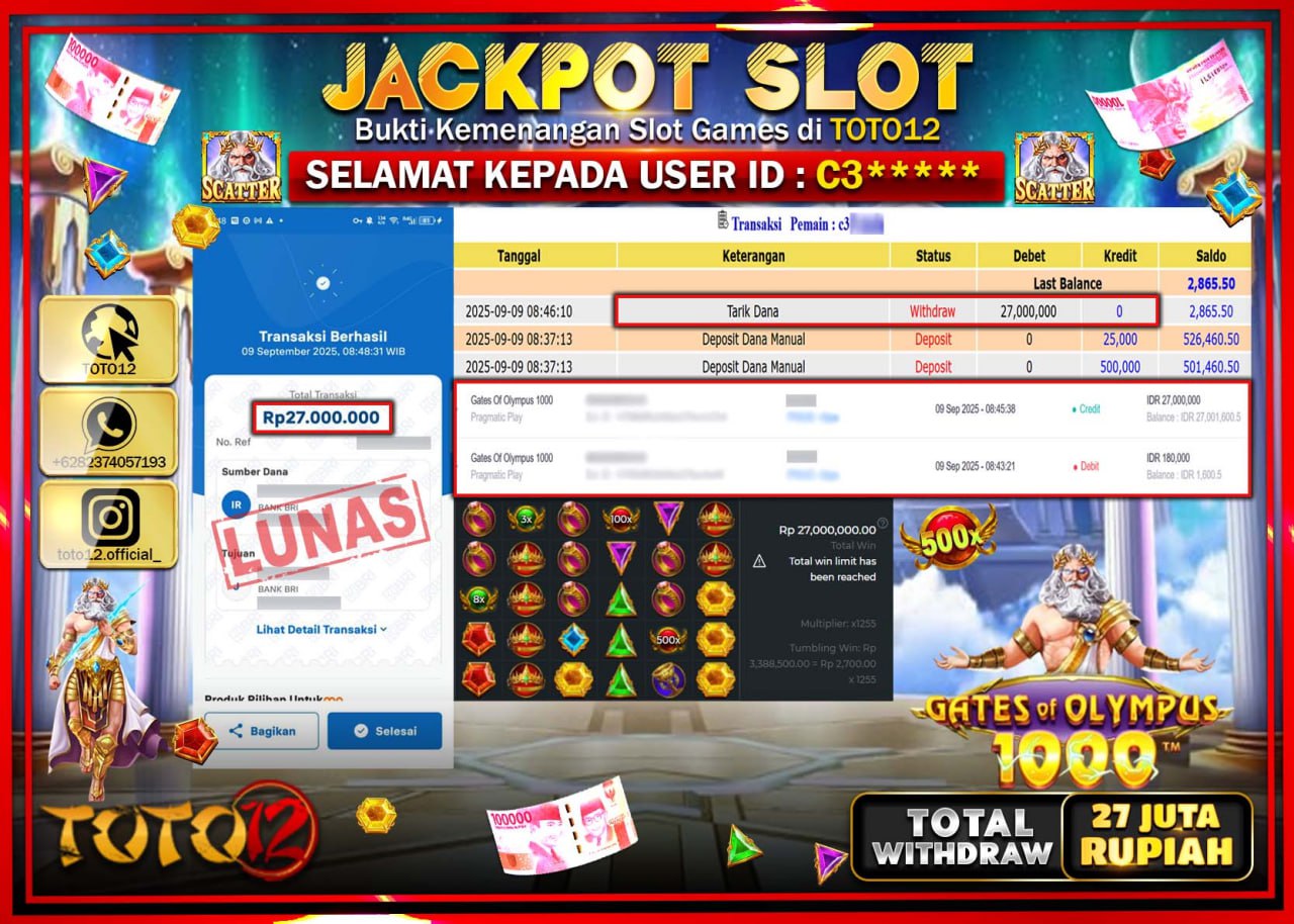 HANYA DI TOTO12 JP PASTI DI BAYAR LUNAS DAN CEPAT!!!!!! JACKPOT SLOT GAME (GATES OF OLYMPUS 1000) Rp.27.000.000 !!!!
