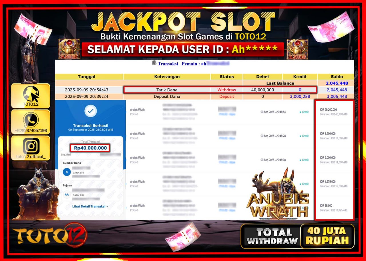 HANYA DI TOTO12 JP PASTI DI BAYAR LUNAS DAN CEPAT!!!!!! JACKPOT SLOT GAME (ANUBIS WRATH) Rp.40.000.000 !!!!