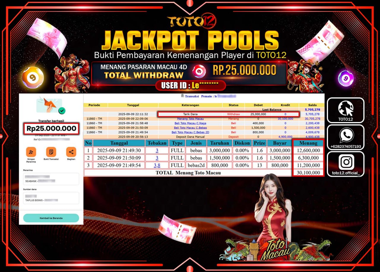 HANYA DI TOTO12 JP PASTI DI BAYAR LUNAS DAN CEPAT!!!!!! JACKPOT POOLS PASARAN (TOTO MACAU) Rp.25.000.000 !!!!