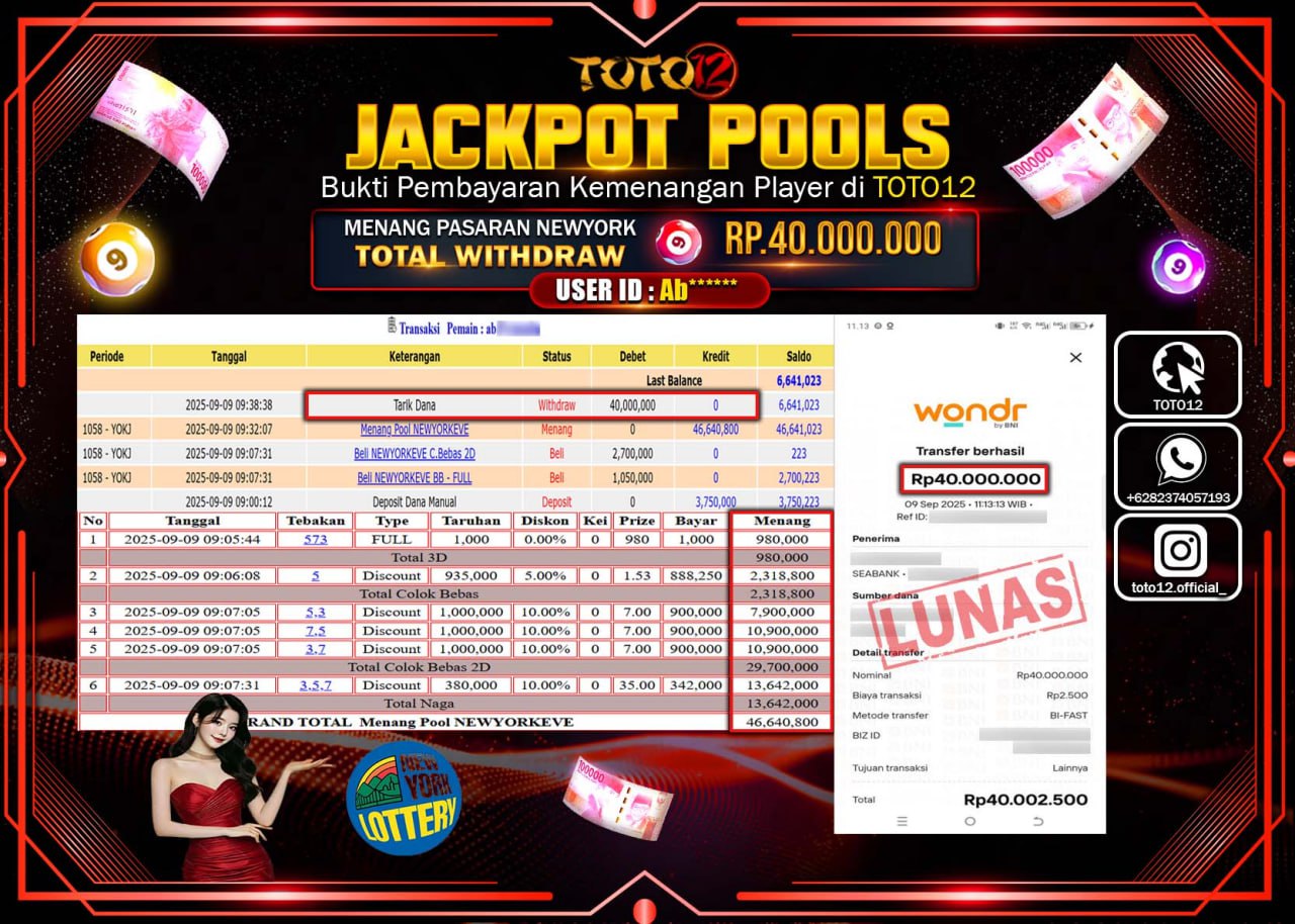 HANYA DI TOTO12 JP PASTI DI BAYAR LUNAS DAN CEPAT!!!!!! JACKPOT POOLS PASARAN (NEWYORK EVE) Rp.40.000.000 !!!!