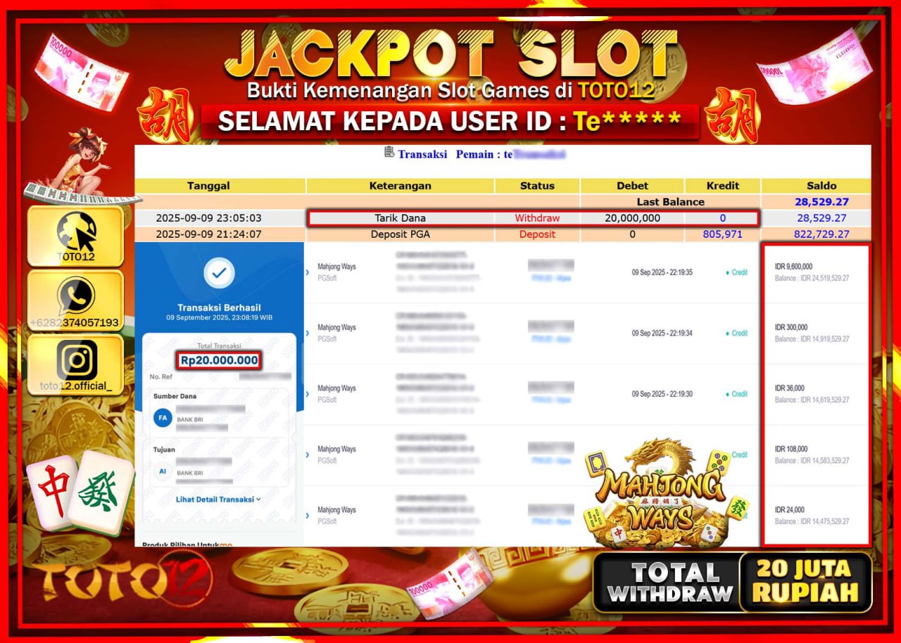 HANYA DI TOTO12 JP PASTI DI BAYAR LUNAS DAN CEPAT!!!!!! JACKPOT SLOT GAME (MAHJONG WAYS) Rp.20.000.000 !!!!