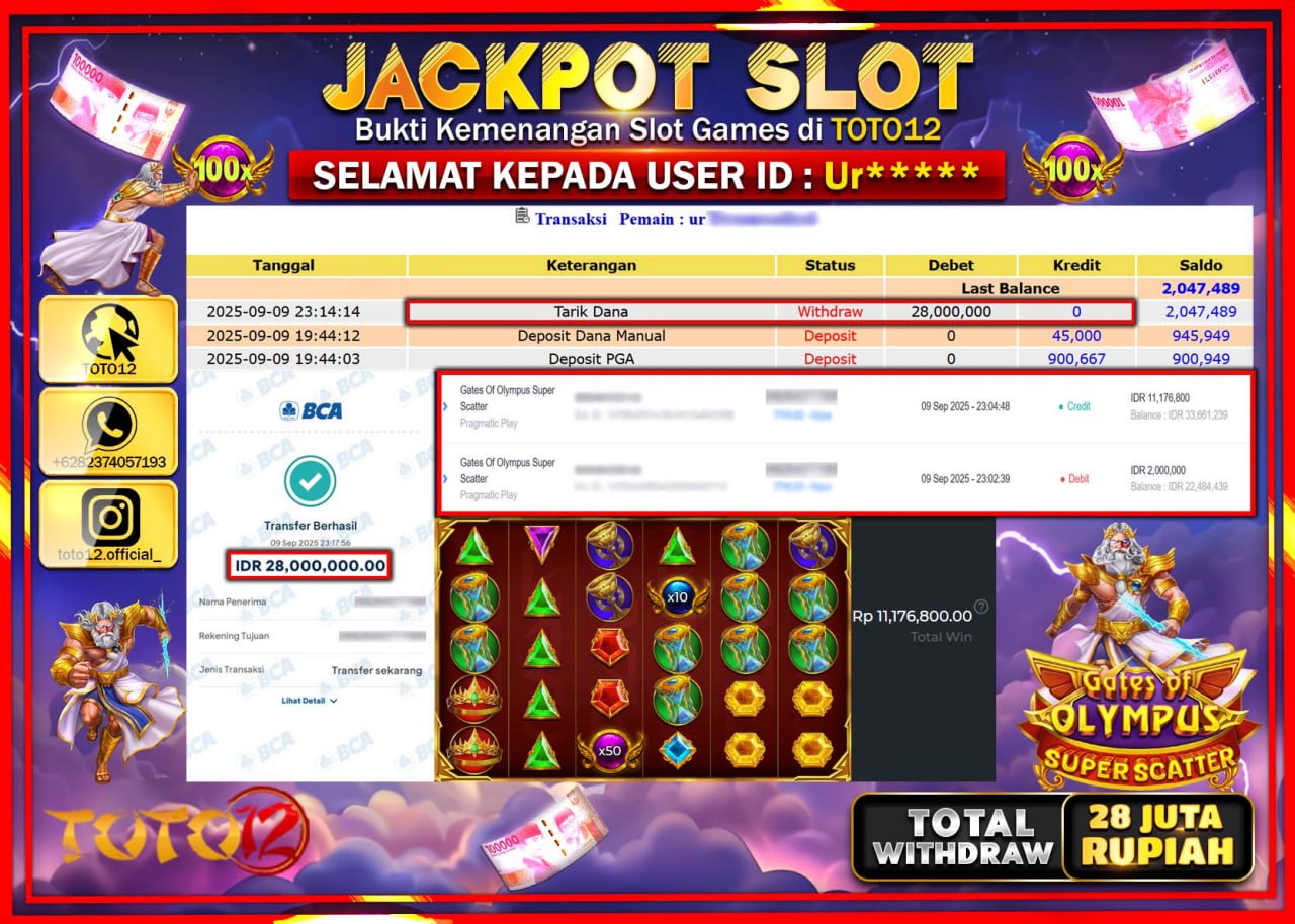 HANYA DI TOTO12 JP PASTI DI BAYAR LUNAS DAN CEPAT!!!!!! JACKPOT SLOT GAME (GATES OF OLYMPUS SUPER SCATTER) Rp.28.000.000 !!!!