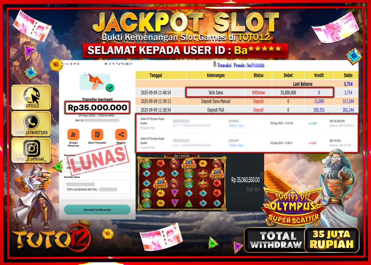 HANYA DI TOTO12 JP PASTI DI BAYAR LUNAS DAN CEPAT!!!!!! JACKPOT SLOT GAME (GATES OF OLYMPUS SUPER SCATTER) Rp.35.000.000 !!!!