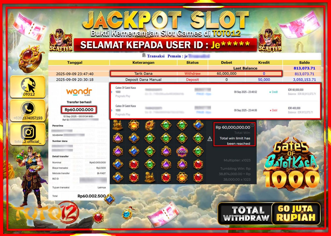 HANYA DI TOTO12 JP PASTI DI BAYAR LUNAS DAN CEPAT!!!!!! JACKPOT SLOT GAME (GATES OF GATOT KACA 1000) Rp.60.000.000 !!!!