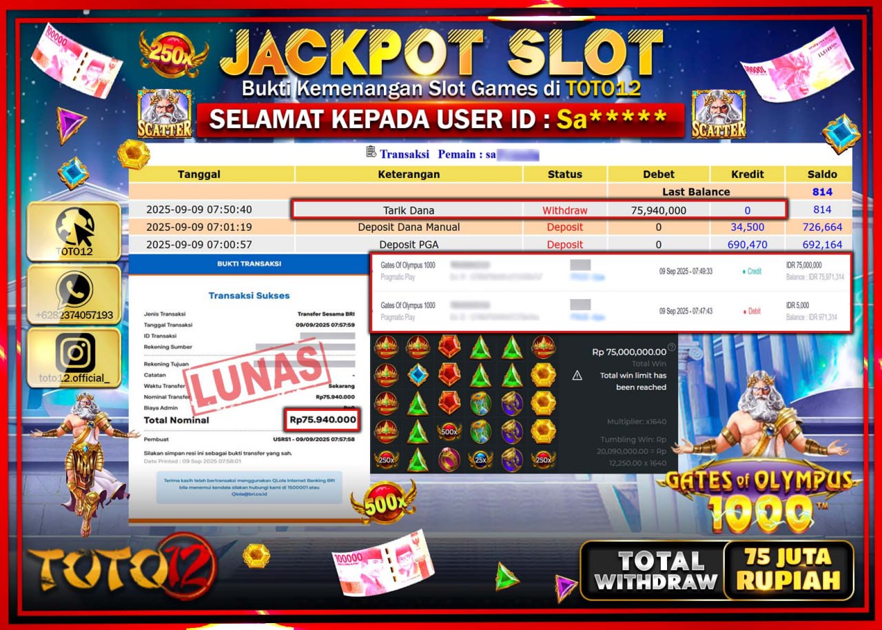 HANYA DI TOTO12 JP PASTI DI BAYAR LUNAS DAN CEPAT!!!!!! JACKPOT SLOT GAME (GATES OF OLYMPUS 1000) Rp.75.940.000 !!!!