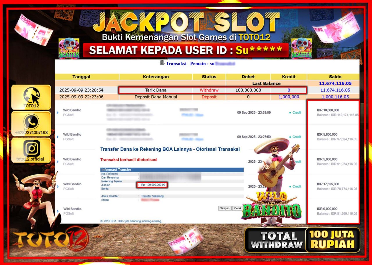 HANYA DI TOTO12 JP PASTI DI BAYAR LUNAS DAN CEPAT!!!!!! JACKPOT SLOT GAME (WILD BANDITO) Rp.100.000.000 !!!!