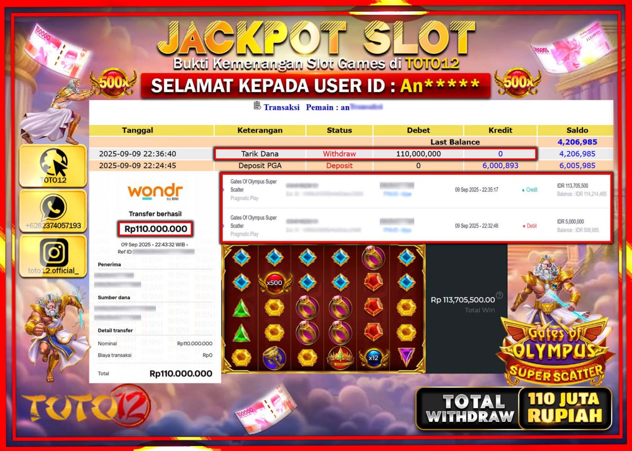 HANYA DI TOTO12 JP PASTI DI BAYAR LUNAS DAN CEPAT!!!!!! JACKPOT SLOT GAME (GATES OF OLYMPUS SUPER SCATTER) Rp.110.000.000 !!!!