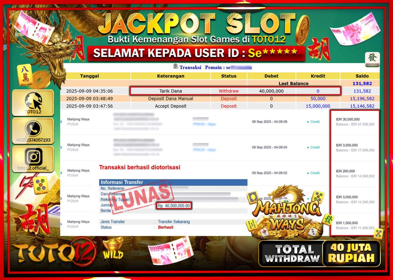 HANYA DI TOTO12 JP PASTI DI BAYAR LUNAS DAN CEPAT!!!!!! JACKPOT SLOT GAME (MAHJONG WAYS) Rp.40.000.000 !!!!