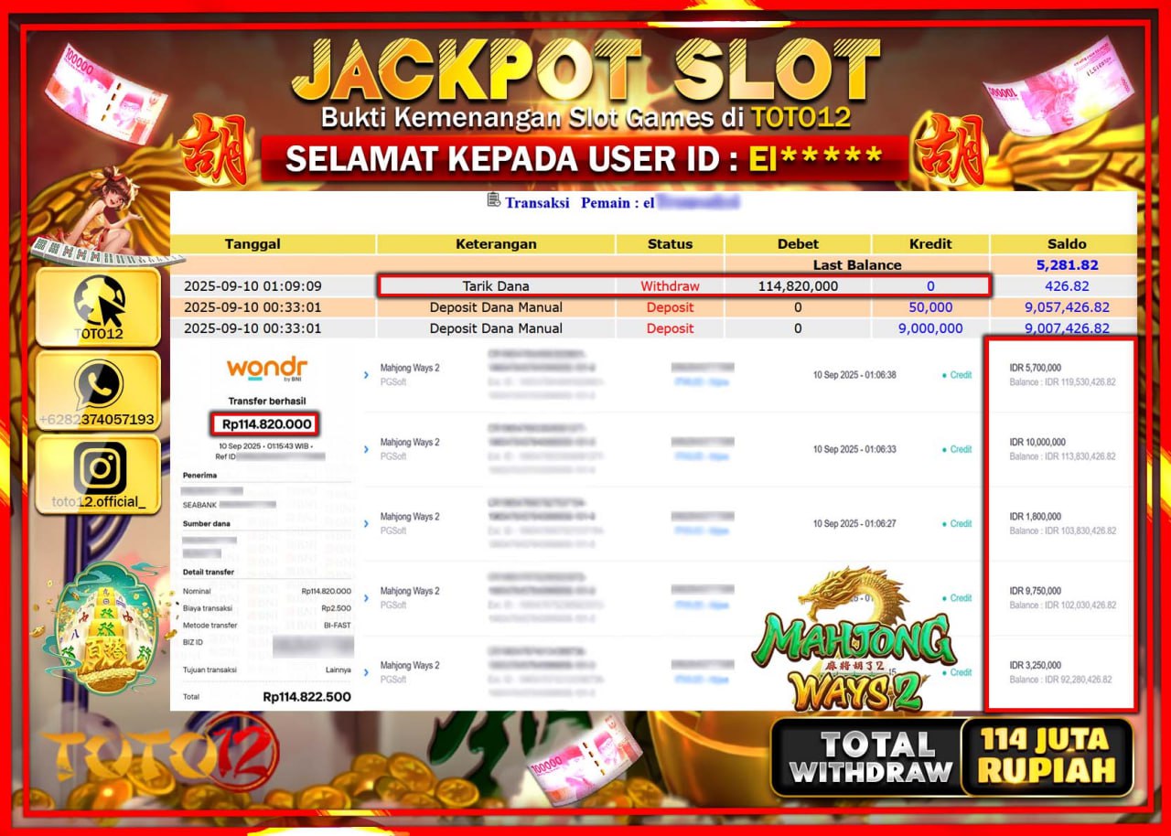 HANYA DI TOTO12 JP PASTI DI BAYAR LUNAS DAN CEPAT!!!!!! JACKPOT SLOT GAME (MAHJONG WAYS 2) Rp.114.820.000 !!!!