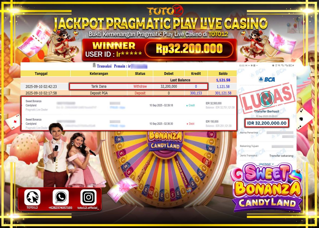 HANYA DI TOTO12 JP PASTI DI BAYAR LUNAS DAN CEPAT!!!!!! JACKPOT PRAGMATIC PLAY LIVE CASINO (SWEET BONANZA CANDY LAND) Rp.32.200.000 !!!!