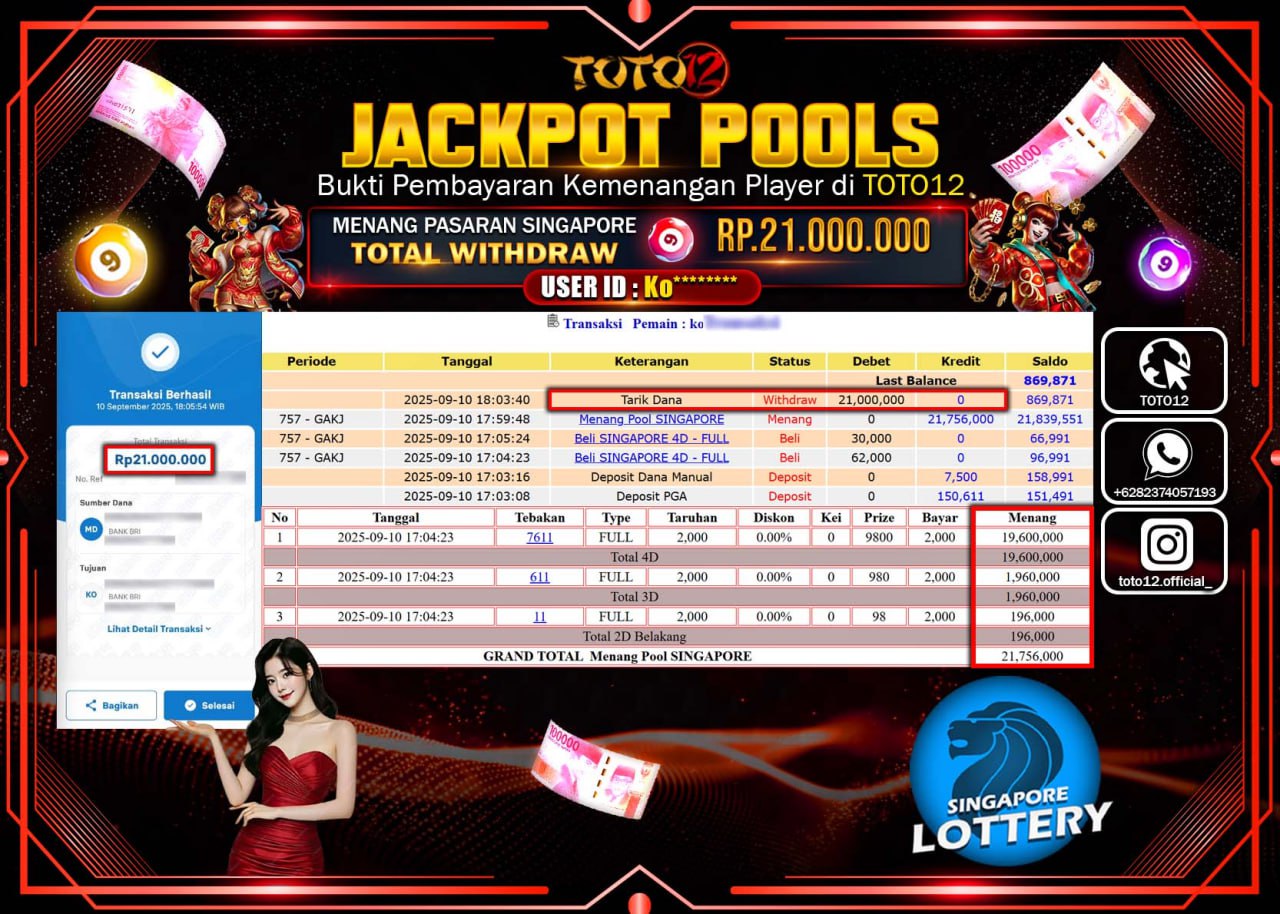 HANYA DI TOTO12 JP PASTI DI BAYAR LUNAS DAN CEPAT!!!!!! JACKPOT POOLS PASARAN (SINGAPORE) Rp.21.000.000 !!!!