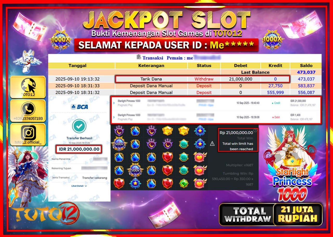 HANYA DI TOTO12 JP PASTI DI BAYAR LUNAS DAN CEPAT!!!!!! JACKPOT SLOT GAME (STARLIGHT PRINCESS 1000) Rp.21.000.000 !!!!