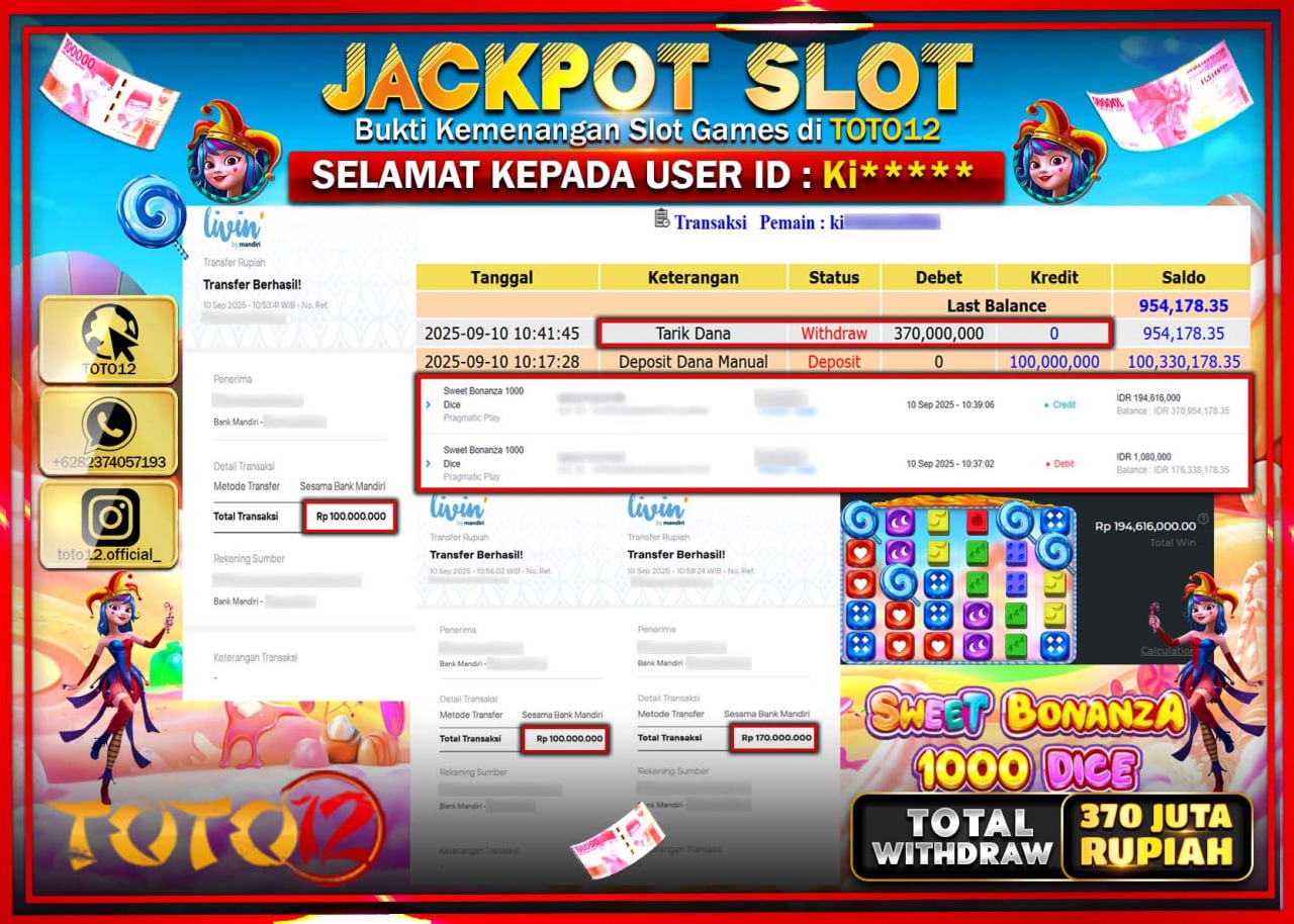 HANYA DI TOTO12 JP PASTI DI BAYAR LUNAS DAN CEPAT!!!!!! JACKPOT SLOT GAME (SWEET BONANZA 1000 DICE) Rp.370.000.000 !!!!