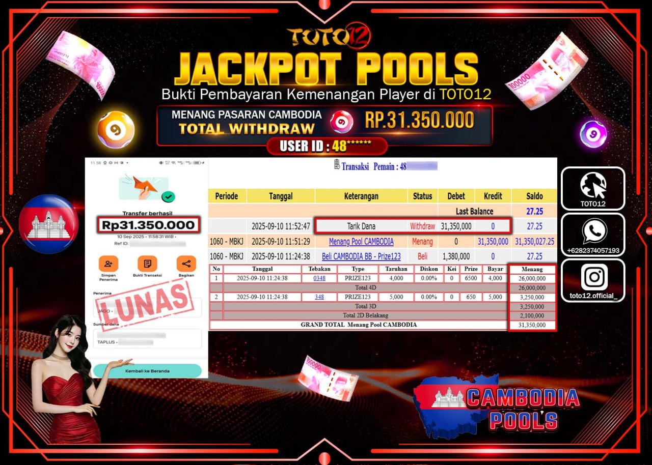 HANYA DI TOTO12 JP PASTI DI BAYAR LUNAS DAN CEPAT!!!!!! JACKPOT POOLS PASARAN (CAMBODIA) Rp.31.350.000 !!!!