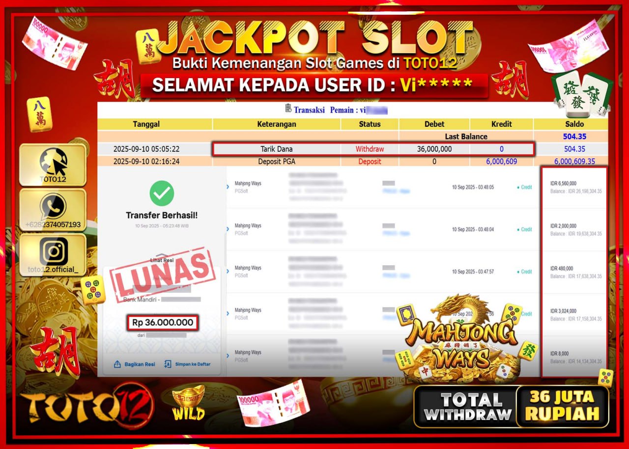 HANYA DI TOTO12 JP PASTI DI BAYAR LUNAS DAN CEPAT!!!!!! JACKPOT SLOT GAME (MAHJONG WAYS) Rp.36.000.000 !!!!