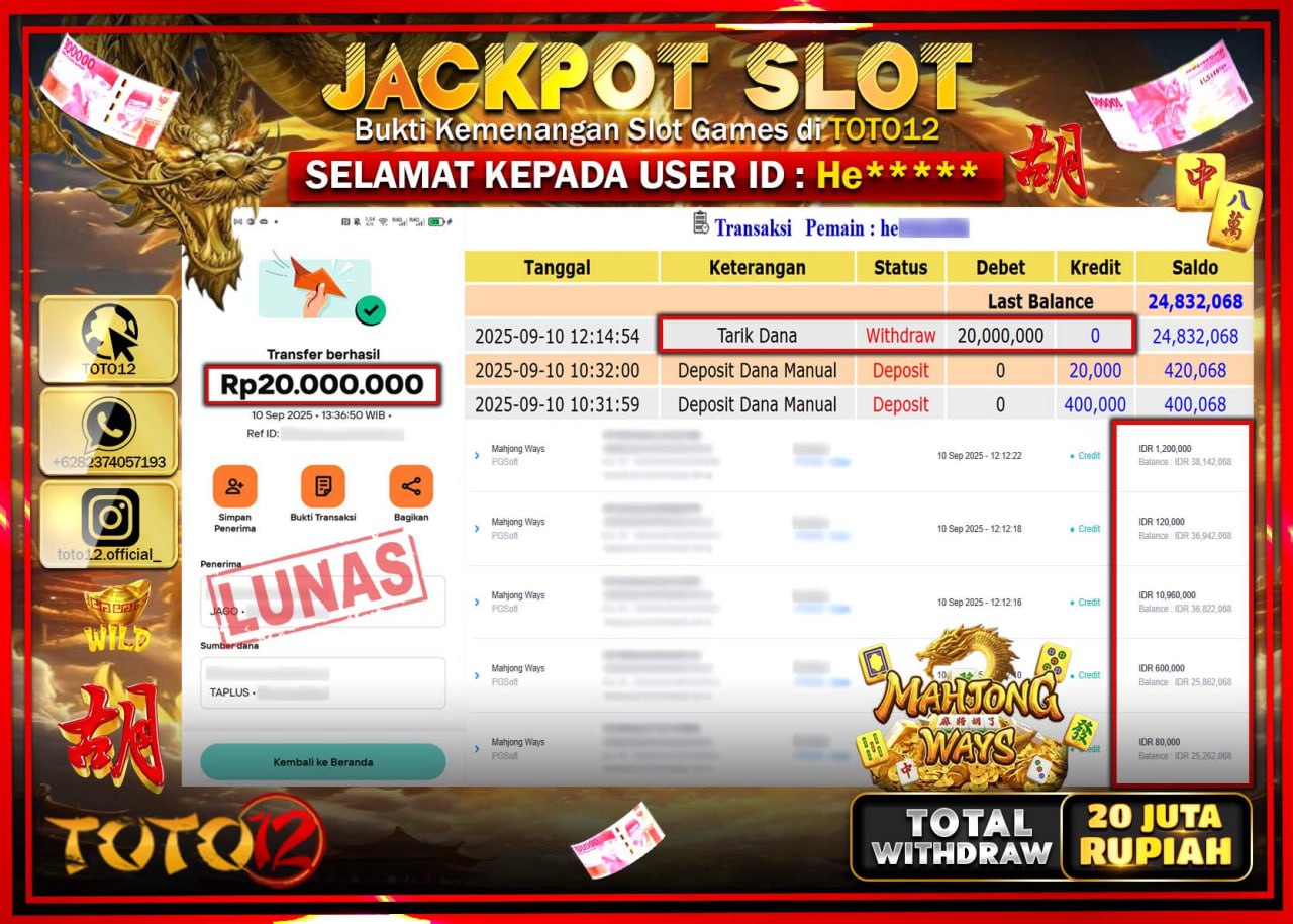 HANYA DI TOTO12 JP PASTI DI BAYAR LUNAS DAN CEPAT!!!!!! JACKPOT SLOT GAME (MAHJONG WAYS) Rp.20.000.000 !!!!
