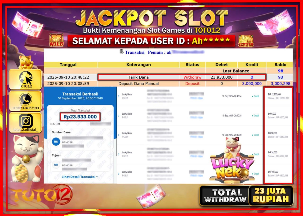 HANYA DI TOTO12 JP PASTI DI BAYAR LUNAS DAN CEPAT!!!!!! JACKPOT SLOT GAME (LUCKY NEKO) Rp.23.933.000 !!!!