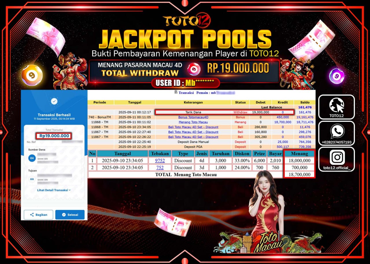 HANYA DI TOTO12 JP PASTI DI BAYAR LUNAS DAN CEPAT!!!!!! JACKPOT POOLS PASARAN (MACAU 4D) Rp.19.000.000 !!!!
