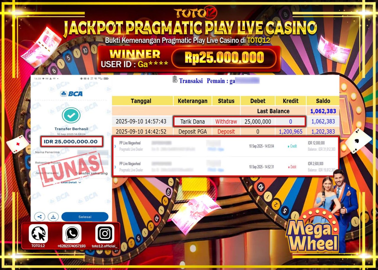 HANYA DI TOTO12 JP PASTI DI BAYAR LUNAS DAN CEPAT!!!!!! JACKPOT PRAGMATIC PLAY LIVE CASINO (MEGA WHEEL) Rp.25.000.000 !!!!