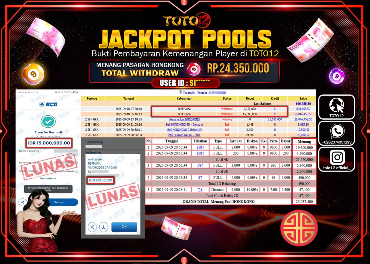 HANYA DI TOTO12 JP PASTI DI BAYAR LUNAS DAN CEPAT!!!!!! JACKPOT POOLS PASARAN (HONGKONG) Rp.24.350.000 !!!!