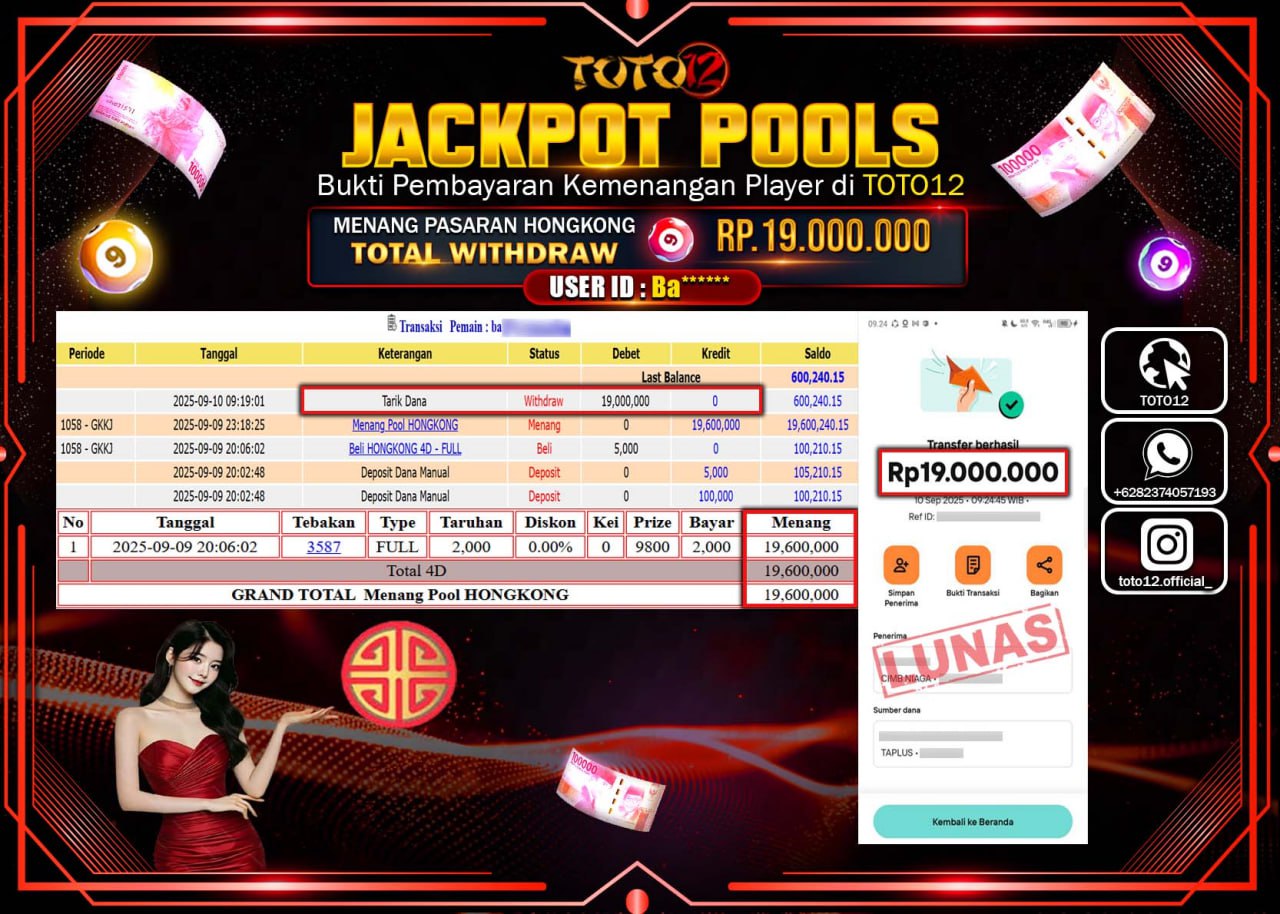HANYA DI TOTO12 JP PASTI DI BAYAR LUNAS DAN CEPAT!!!!!! JACKPOT POOLS PASARAN (HONGKONG) Rp.19.000.000 !!!!