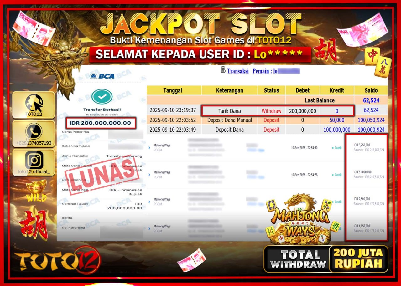 HANYA DI TOTO12 JP PASTI DI BAYAR LUNAS DAN CEPAT!!!!!! JACKPOT SLOT GAME (MAHJONG WAYS) Rp.200.000.000 !!!!